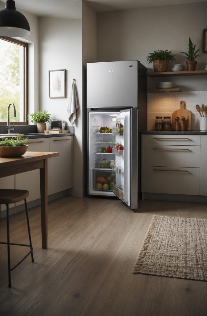GE Double-Door Compact Refrigerator displayed in a kitchen.
