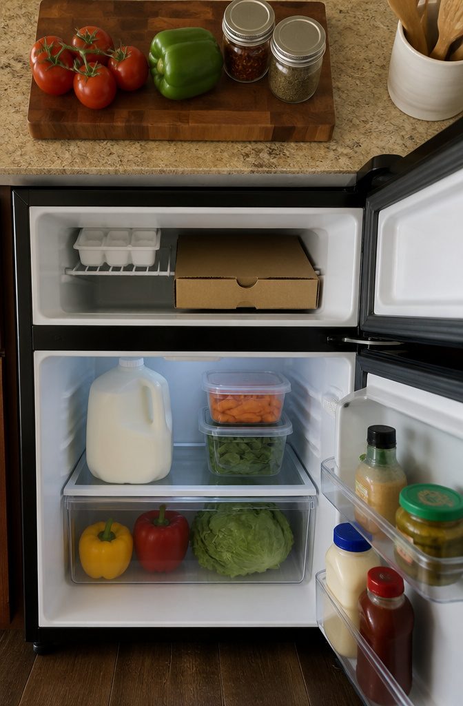 Visual showing different shelf layouts in mini refrigerators.