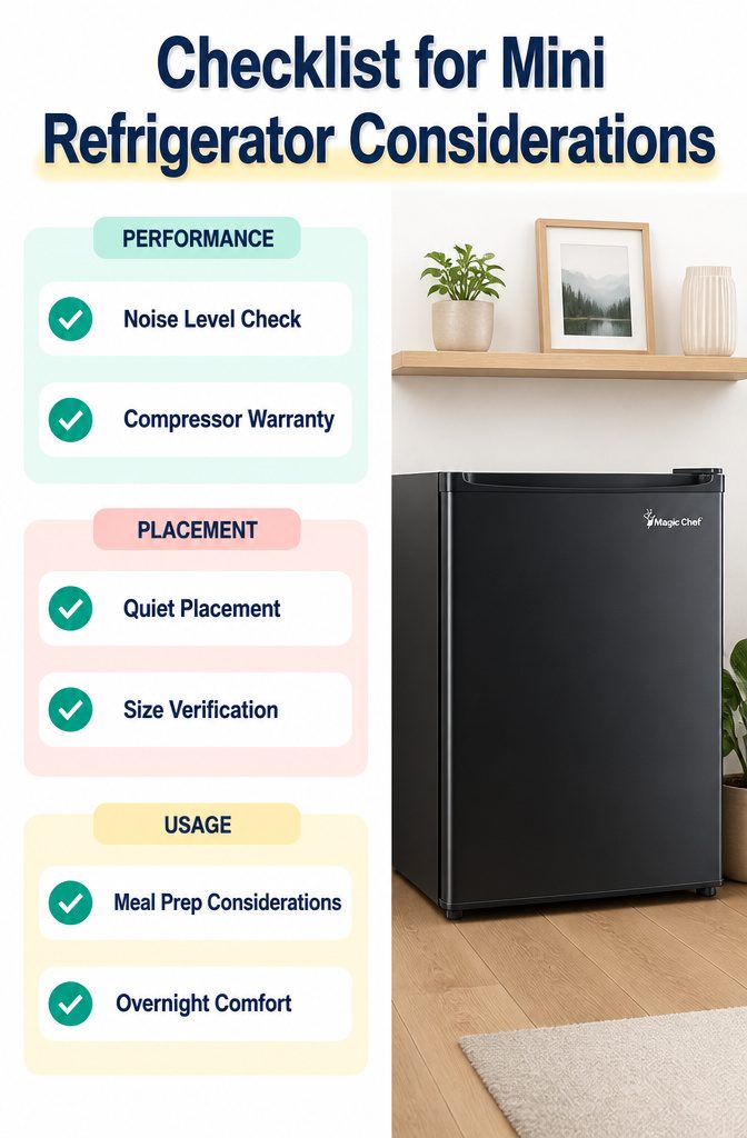 Checklist detailing considerations for mini refrigerator selection.