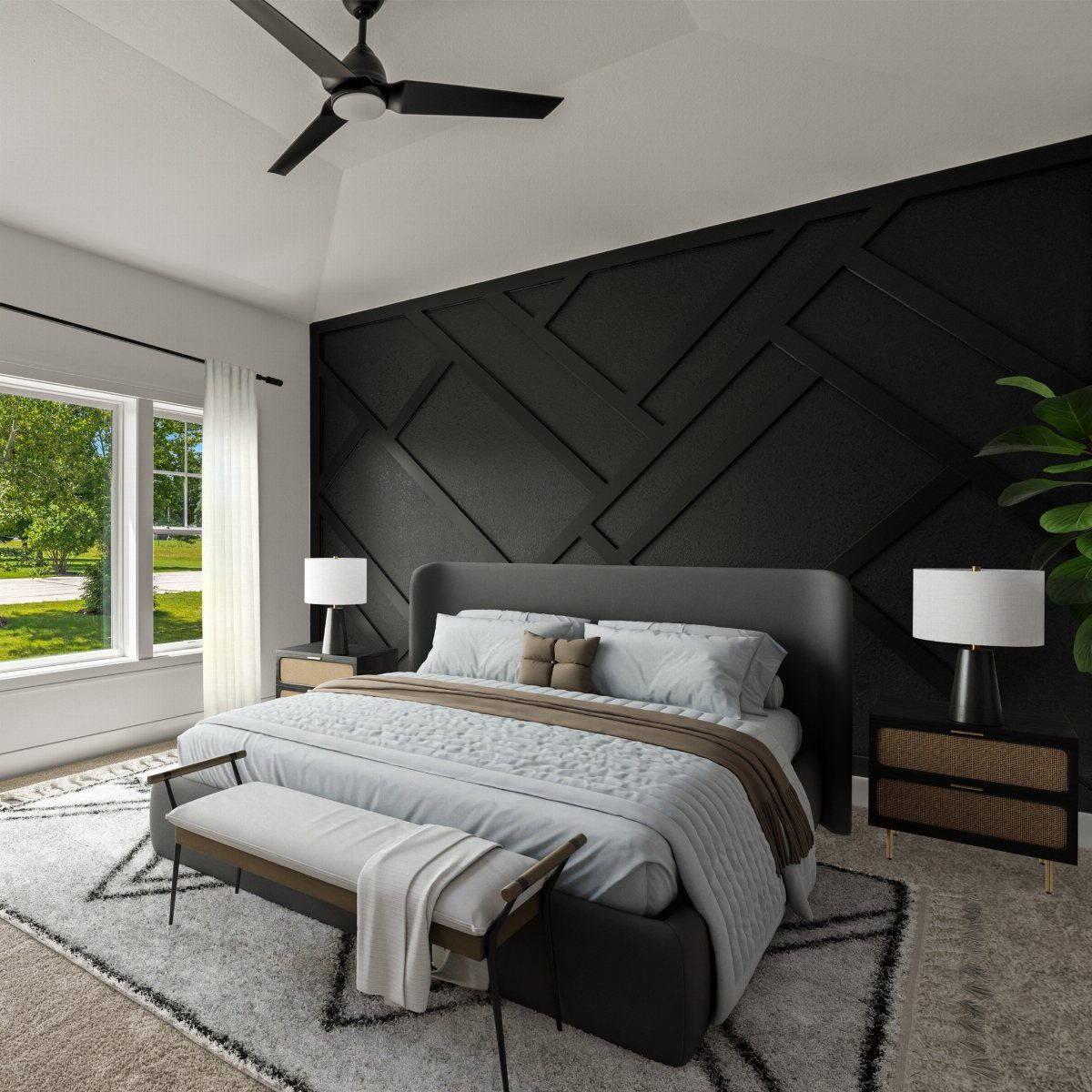 A modern bedroom with a dark geometric accent wall, a grey bed, and white lamps.