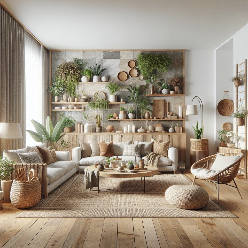 A bright living room with white sofas, wooden furniture, woven baskets, and many green plants on wall shelves.
