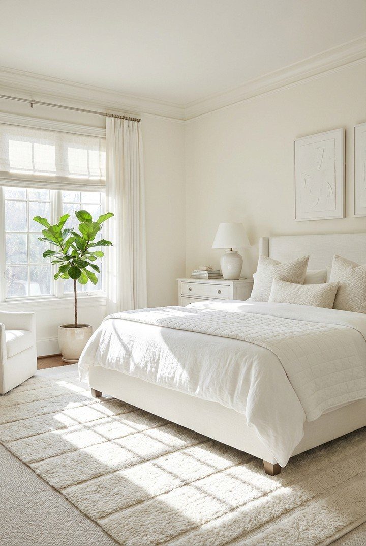 Bright minimalist bedroom with white bedding, a large window, and sunlight streaming onto a textured rug.