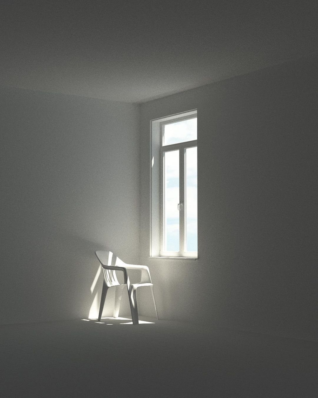 A white modern chair sits in a bright, empty white room near a window.