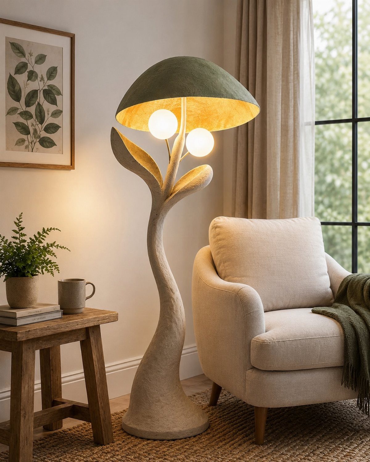 A large sculptural mushroom floor lamp stands next to a cream armchair and wooden stool.