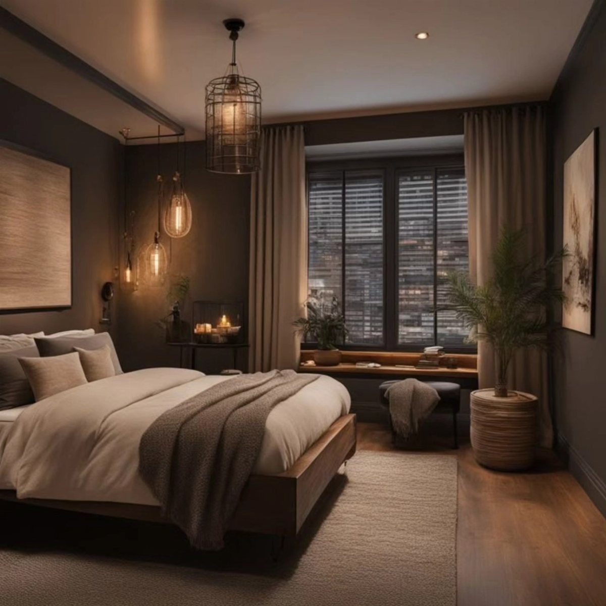 Modern bedroom with dark charcoal walls, neutral bedding, and warm pendant lights overlooking a city.