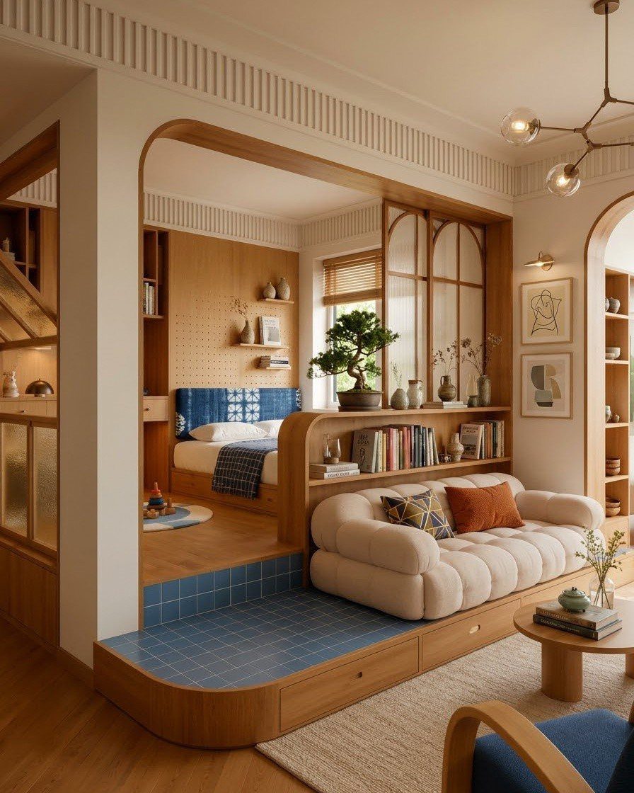 A modern bedroom divided into a sleeping nook and a raised lounge area with built-in wooden shelving.