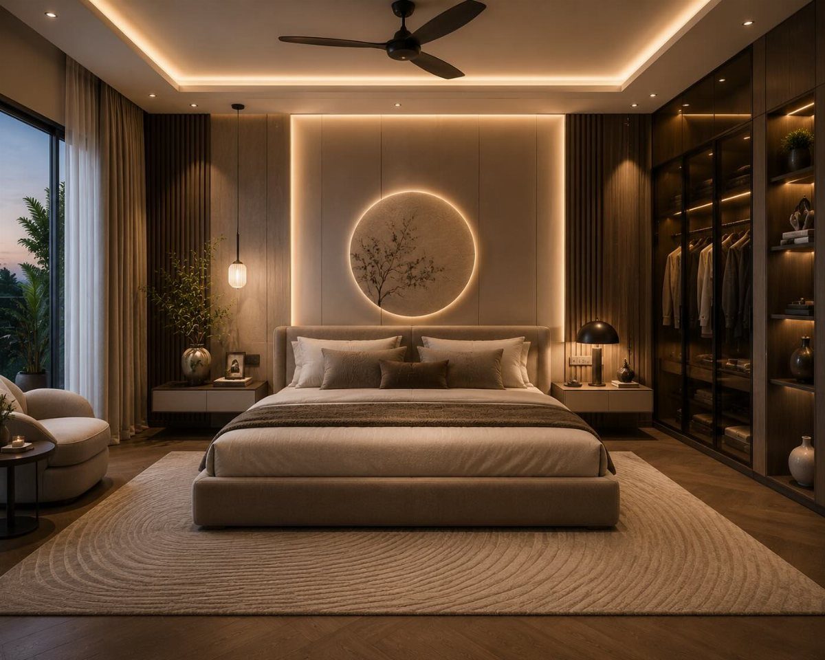 Modern bedroom with neutral bedding, circular backlit wall art, and warm ambient lighting.