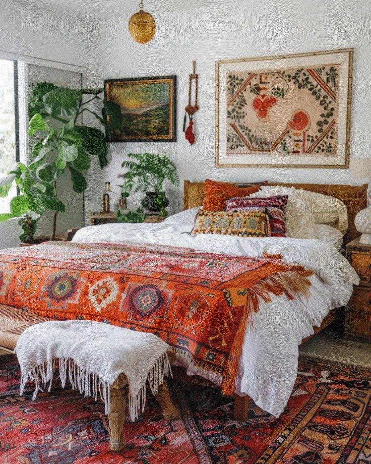 A cozy bedroom with patterned orange textiles, wooden furniture, and large framed art on white walls.