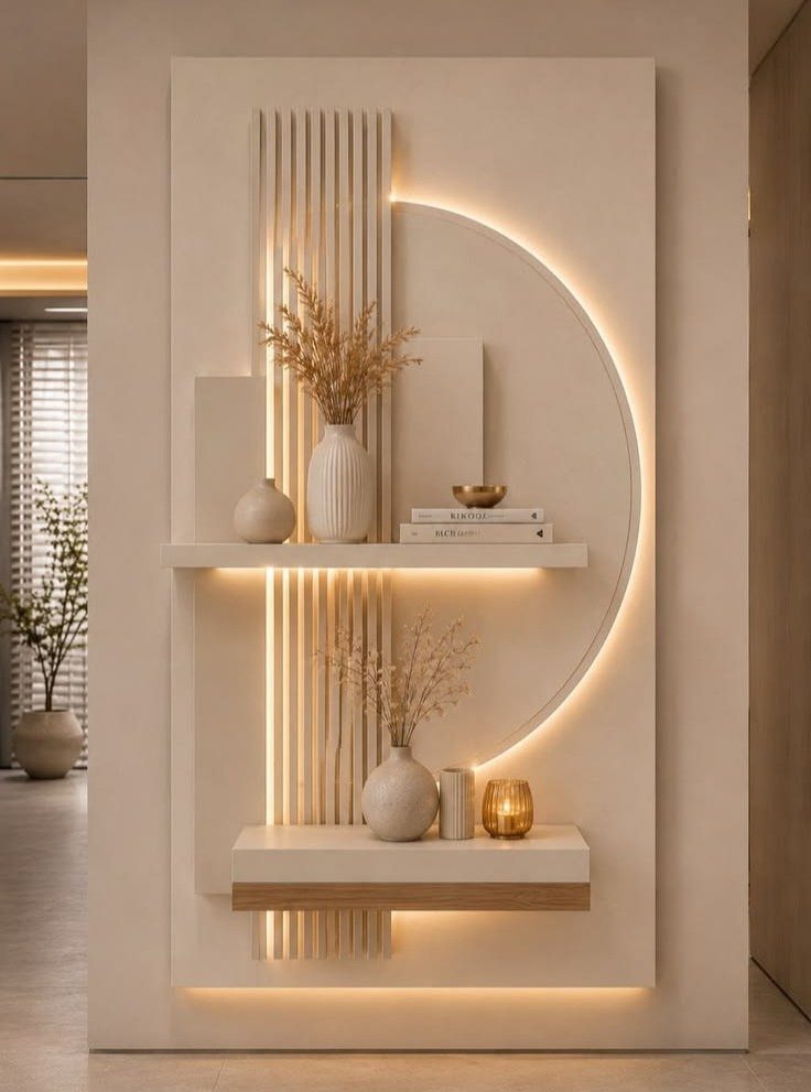 Two floating shelves displaying ceramic vases and books against a backlit decorative wall panel.