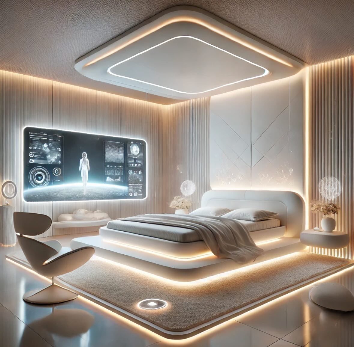 Futuristic minimalist bedroom with a large glowing wall screen, platform bed, and ambient recessed lighting.