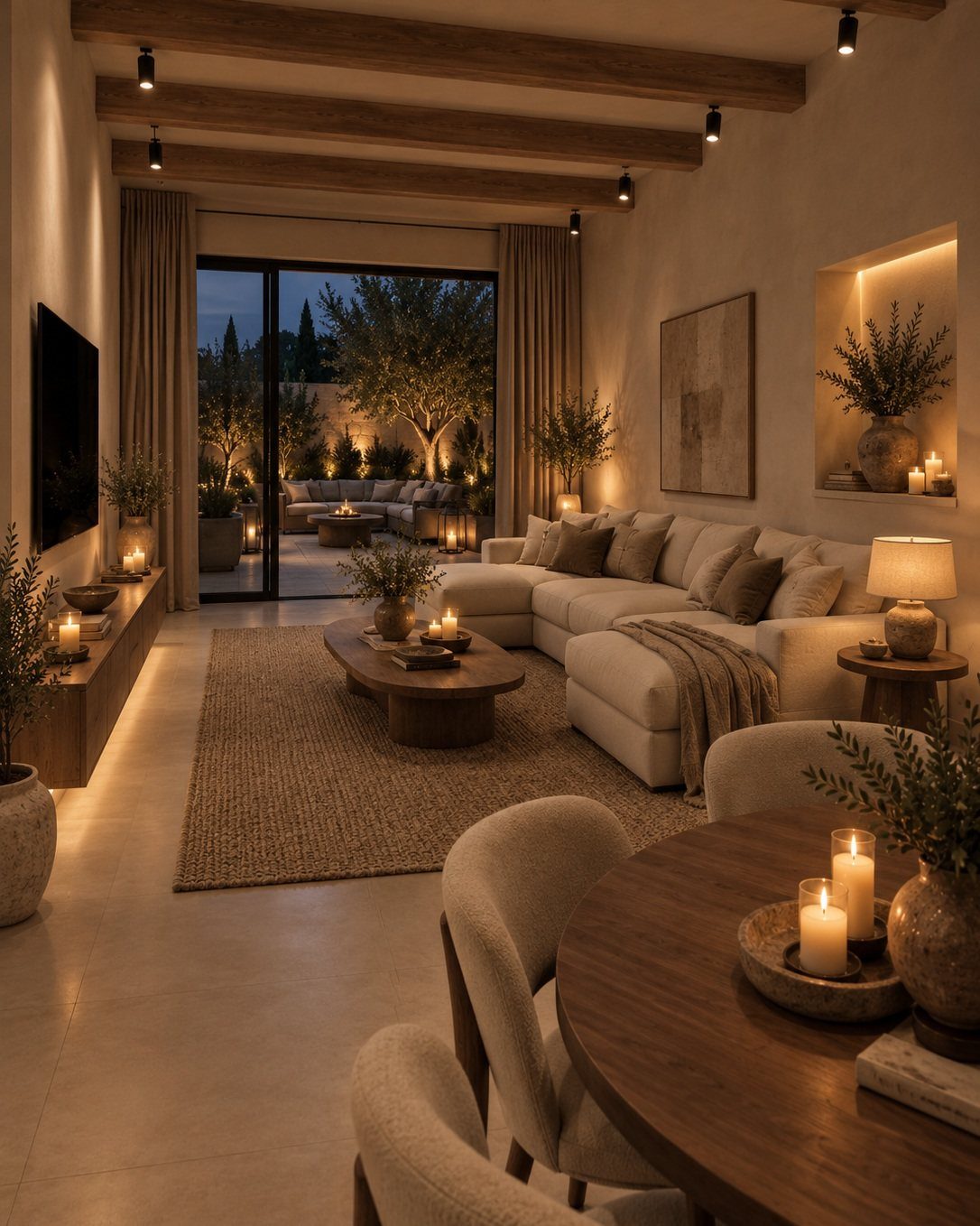 Warmly lit modern living room with cream sofa, wooden furniture, and multiple ambient light sources.