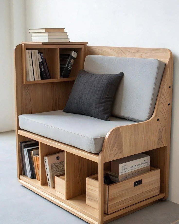 A light wood multipurpose chair with integrated bookshelves and grey cushions against a white wall.