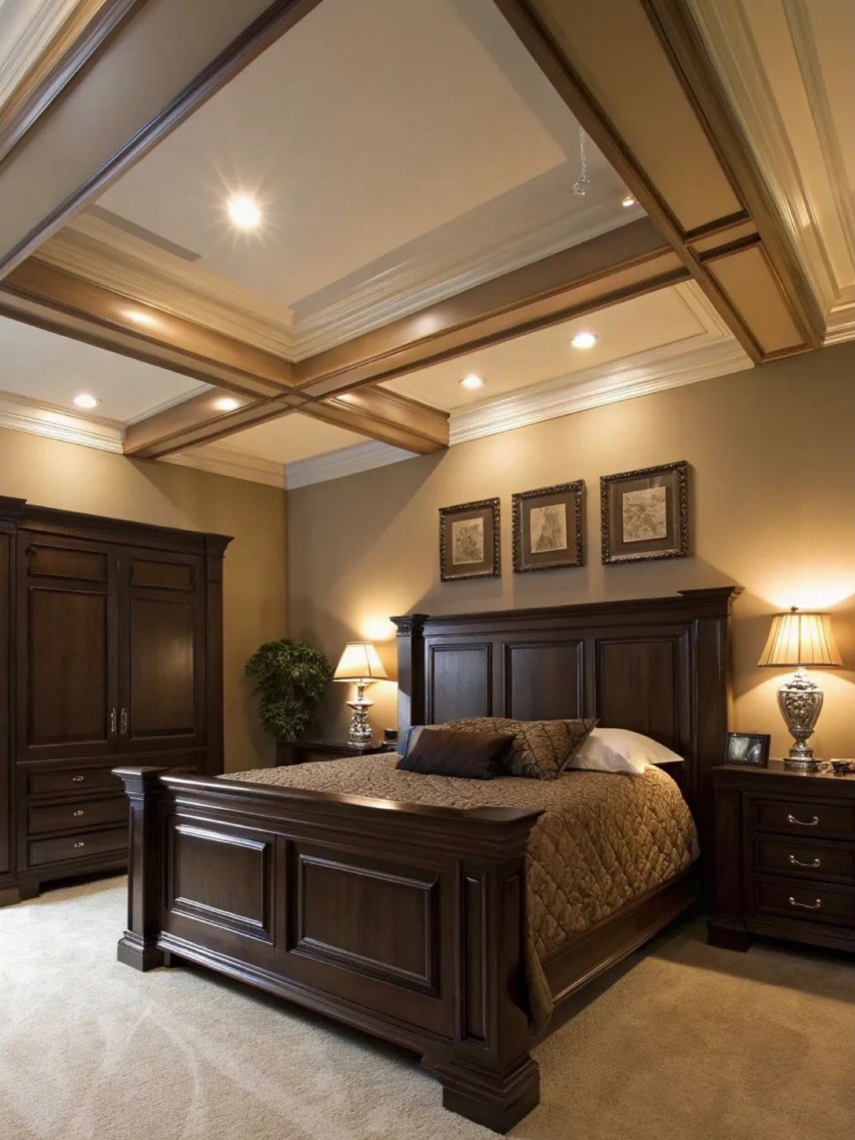 Dark wood bed frame and matching furniture in a warm, traditionally styled bedroom.