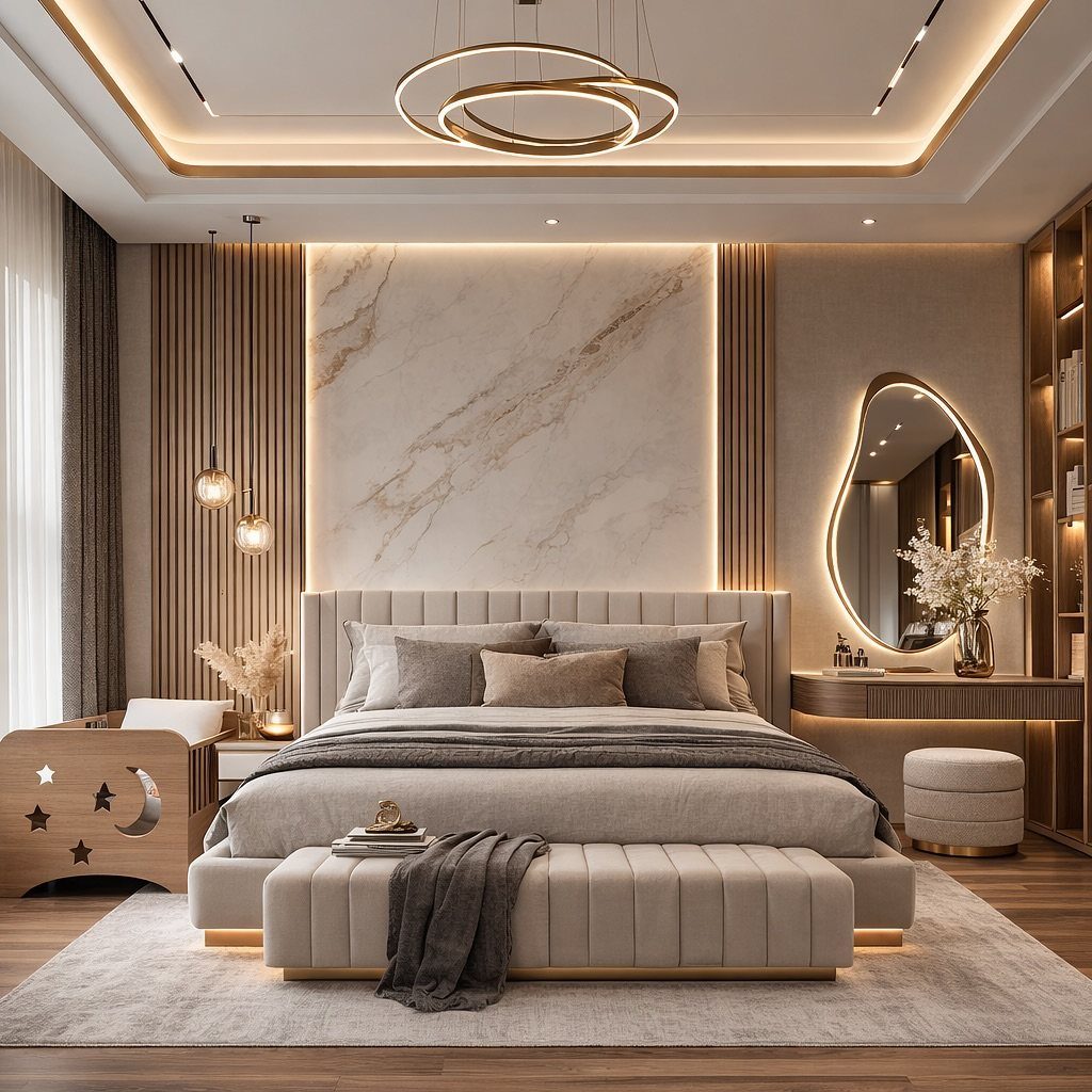 Modern bedroom with a large marble feature wall, upholstered bed, and glowing organic mirror.