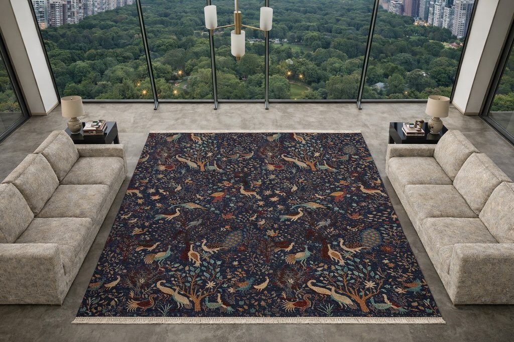 A large navy patterned rug with bird and floral motifs centered between two beige sofas.