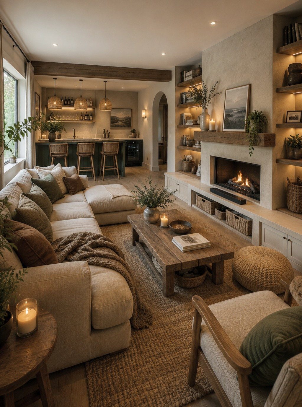 Cream sectional sofa and wooden coffee table arranged around a glowing fireplace in a cottage living room.