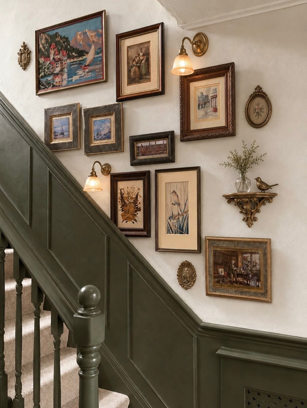 Assorted framed vintage artworks and mirrors arranged on a white wall above green wainscoting.
