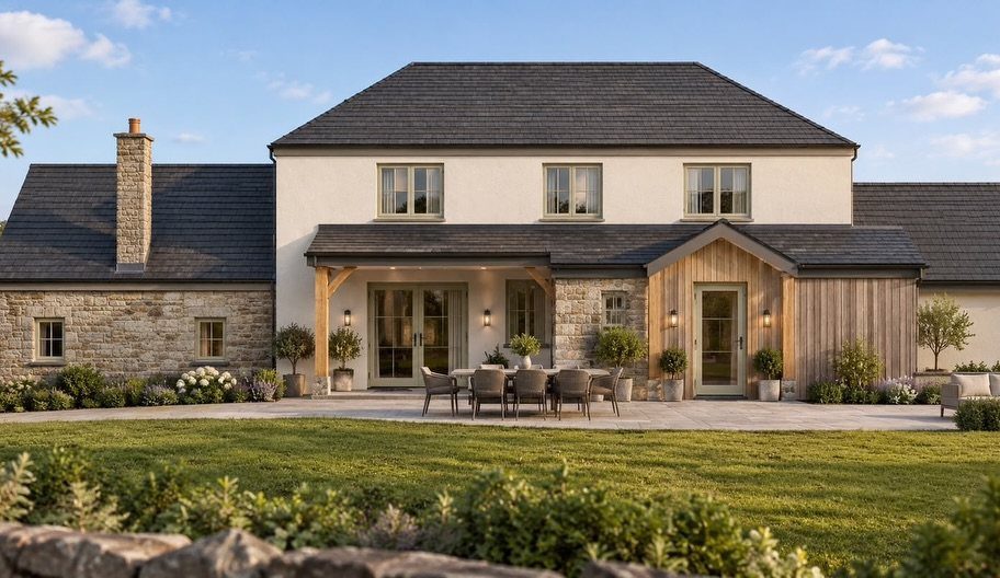 A large modern cottage house featuring stone walls, cream stucco, and natural wood siding.