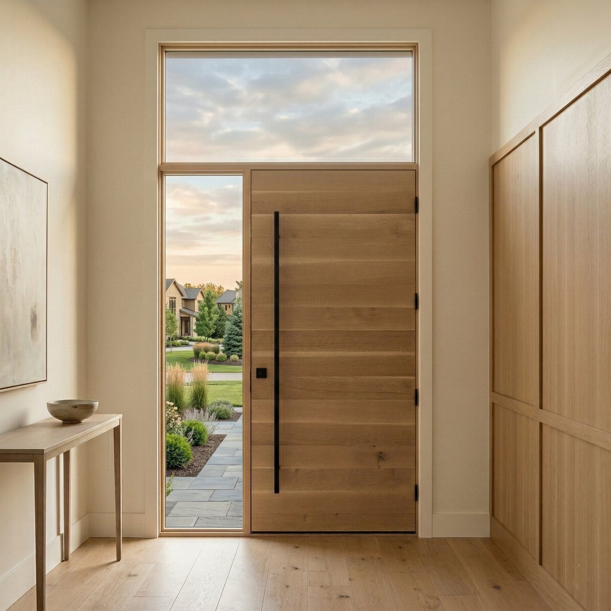 A light wood plank door with a long black handle next to a glass window.