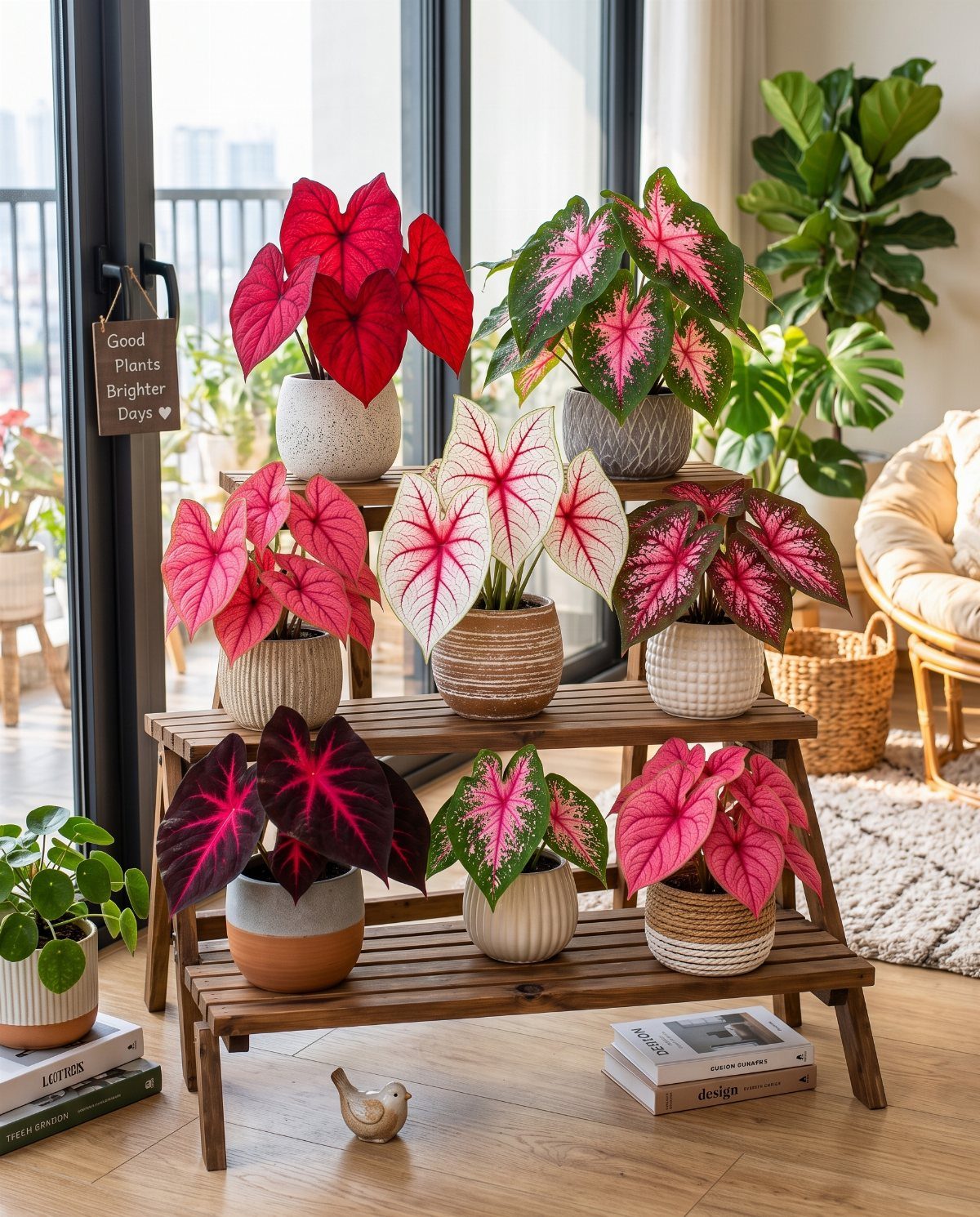 Colorful caladium plants in decorative pots arranged on a wooden tiered plant stand.