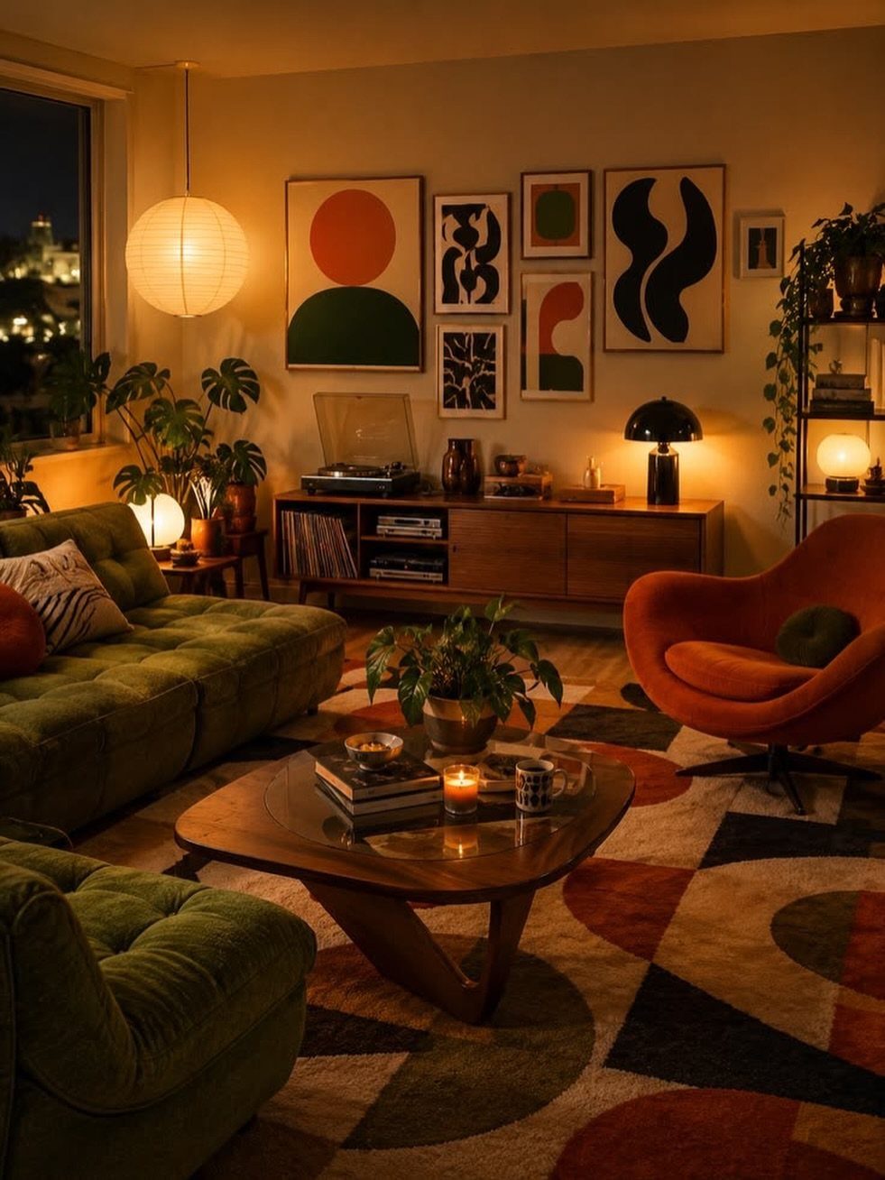 Warmly lit living room with green velvet sofas, orange chair, and abstract wall art.