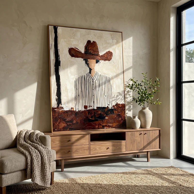 Large abstract portrait painting leaning on a wooden sideboard next to a potted plant.