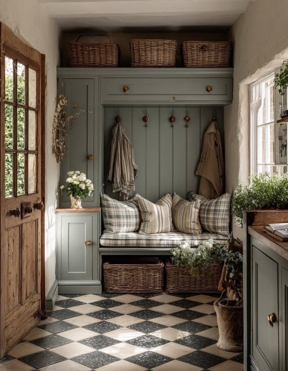Sage green built-in mudroom cabinetry with bench seating, wicker baskets, and checkered tile flooring.