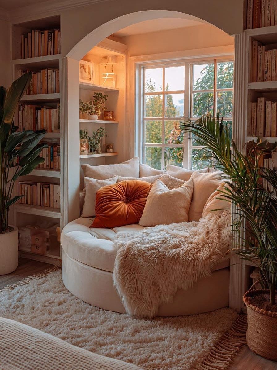 A cozy built-in window seat nook with plush pillows and a soft white throw rug.