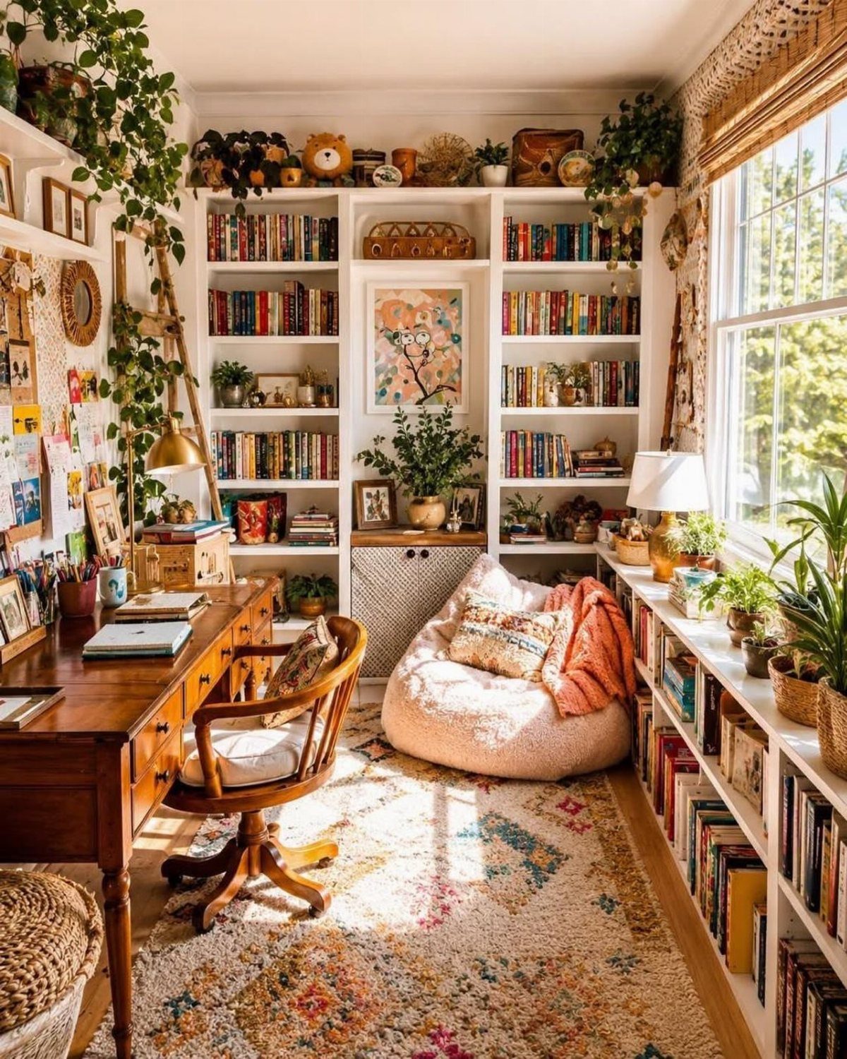 Sunlit living room with white bookshelves, vintage wooden desk, beanbag chair, and patterned rug.