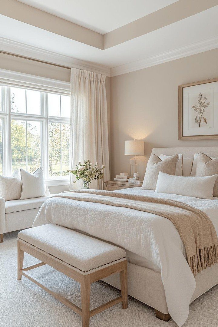 A serene bedroom decorated in neutral tones with white bedding and a light wood bench.