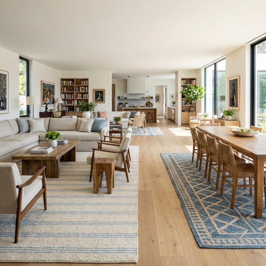 Spacious open concept living and dining area with neutral furniture and wooden accents.