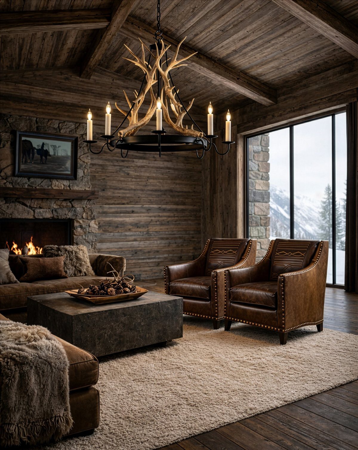 Antler chandelier hanging in a rustic living room with leather seating and a stone fireplace.
