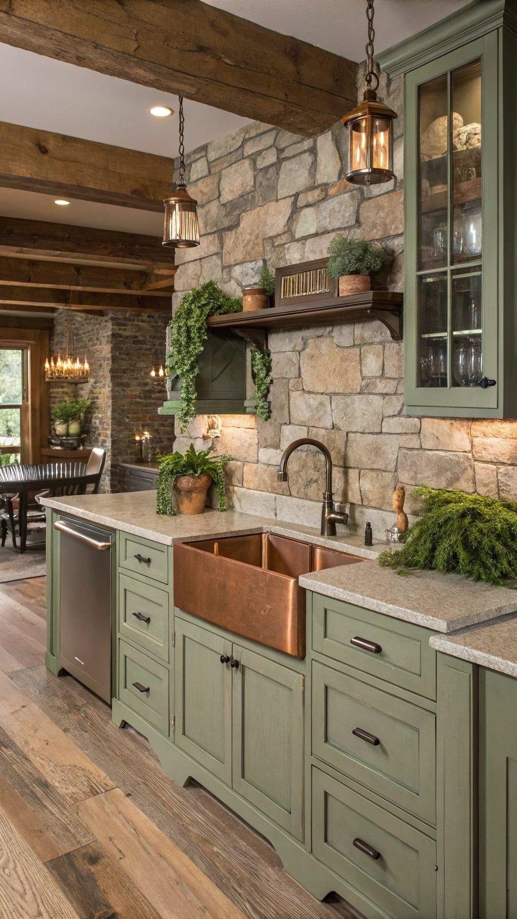 Sage green kitchen cabinets with a copper sink and warm lantern lighting against stone walls.