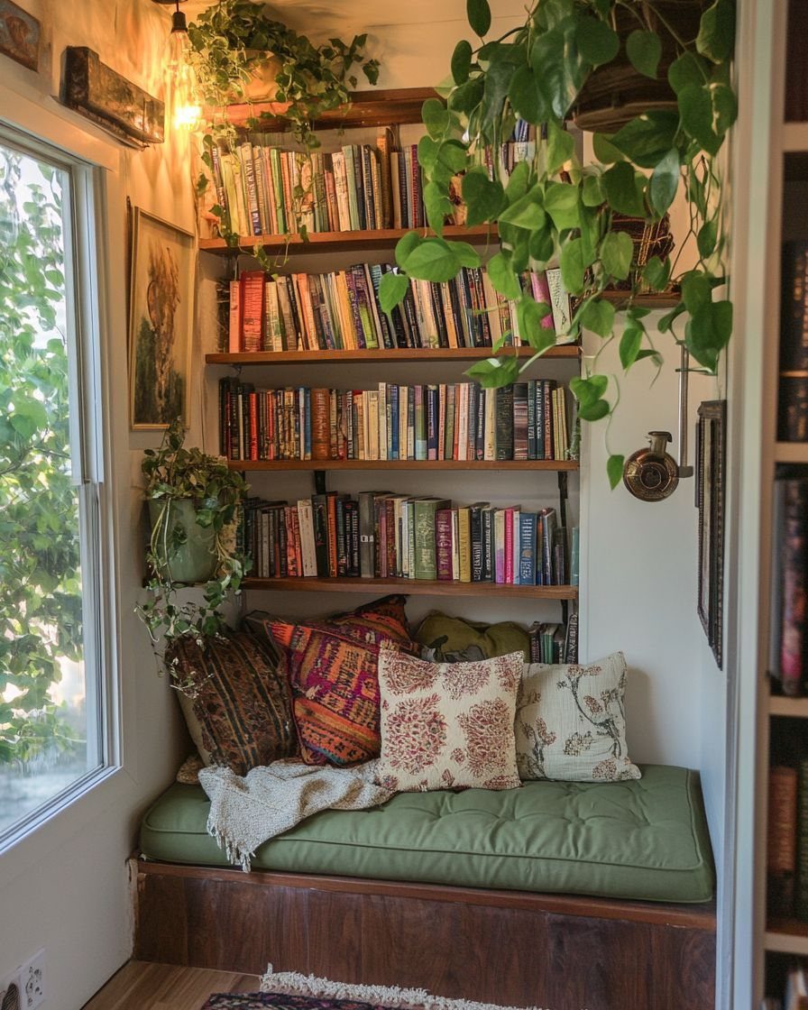 A cozy window seat nook with colorful books, patterned pillows, and hanging green plants.