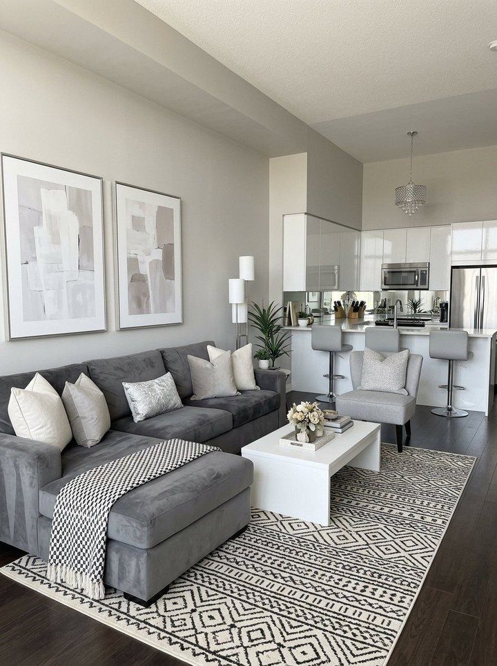 Grey sectional sofa with soft pillows and a patterned throw in a modern living room.