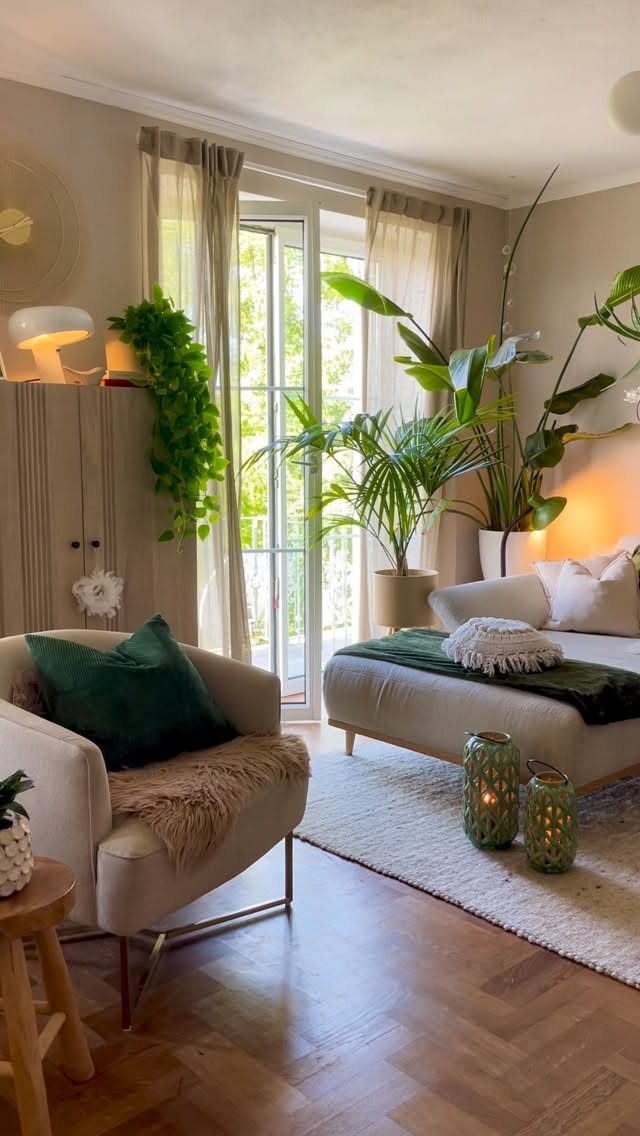 Large green indoor plants positioned near a glass door in a modern grey living room.