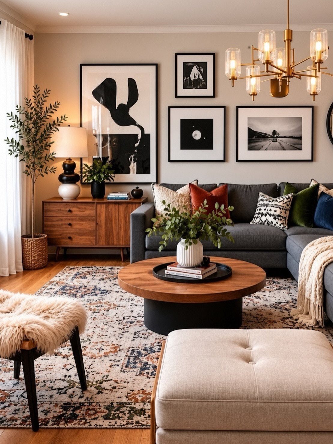 A modern living room with a grey sectional, wooden coffee table, and patterned rug on hardwood floors.