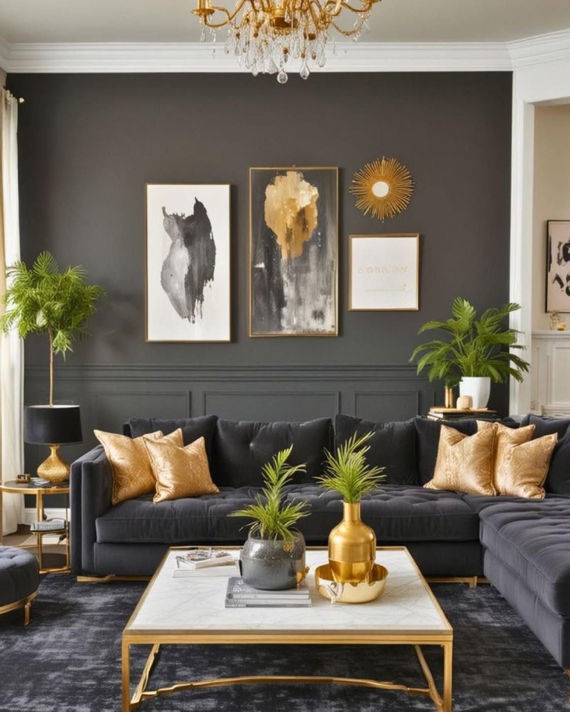 Gold metallic accents decorating a dark grey modern living room with a marble coffee table.