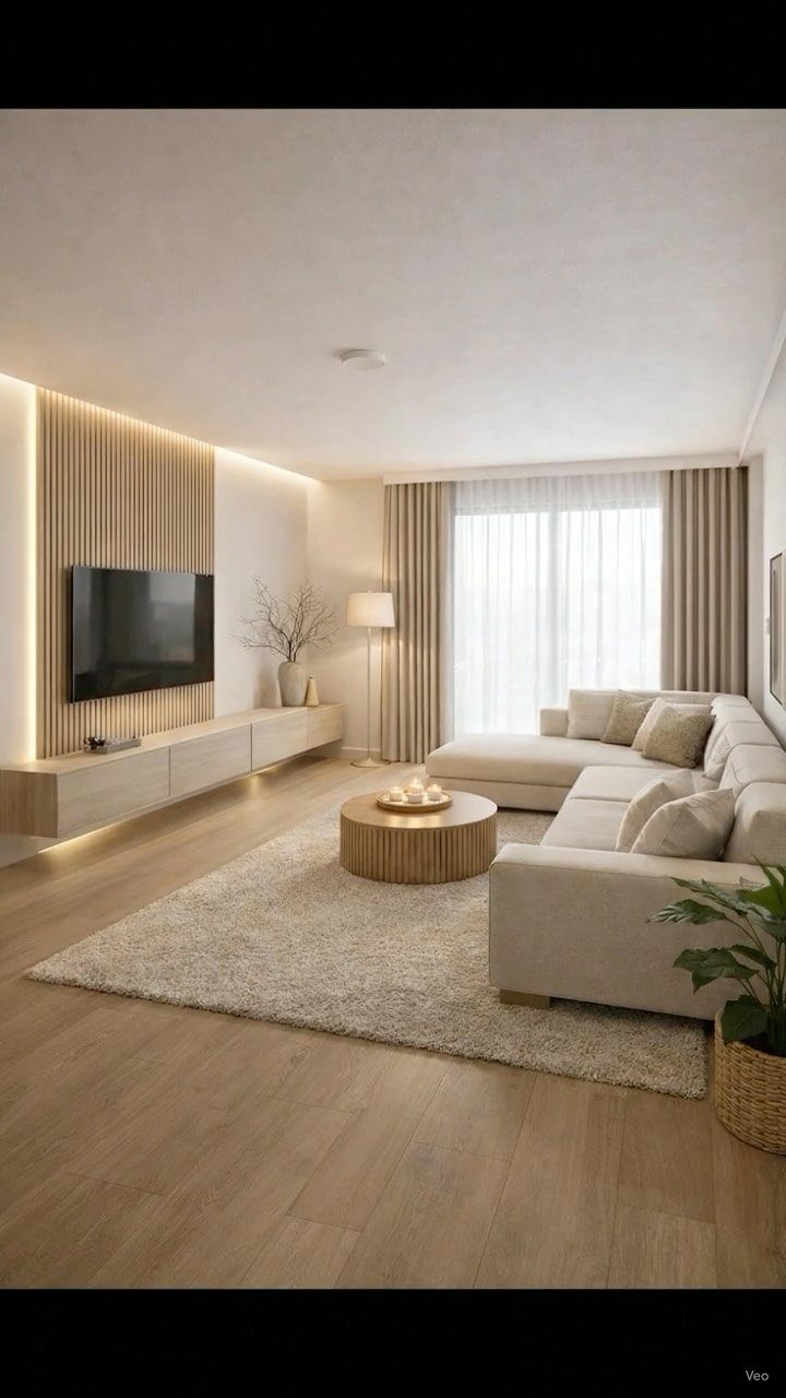 A light grey sectional sofa and wooden coffee table resting on a large textured area rug.