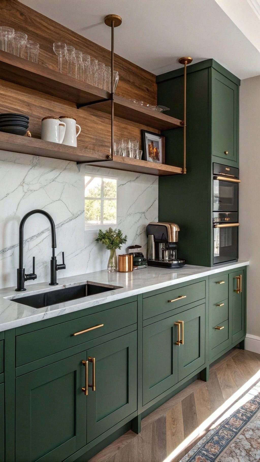 Dark green kitchen cabinets with brass handles, marble countertops, and wooden open shelving.