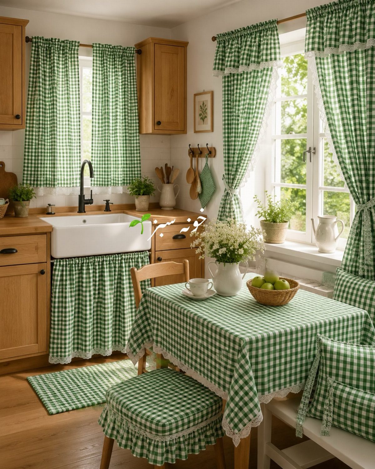 Green and white gingham tablecloth, curtains, and chair cushions decorate a rustic kitchen.