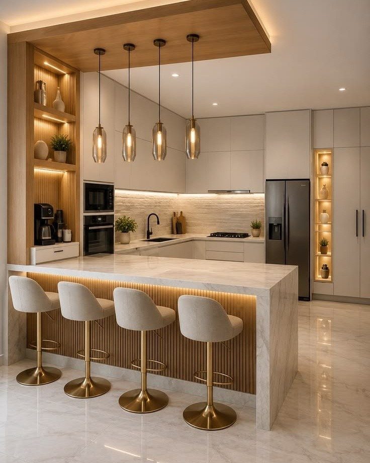 A large marble kitchen island with four gold-based velvet stools and warm pendant lighting.