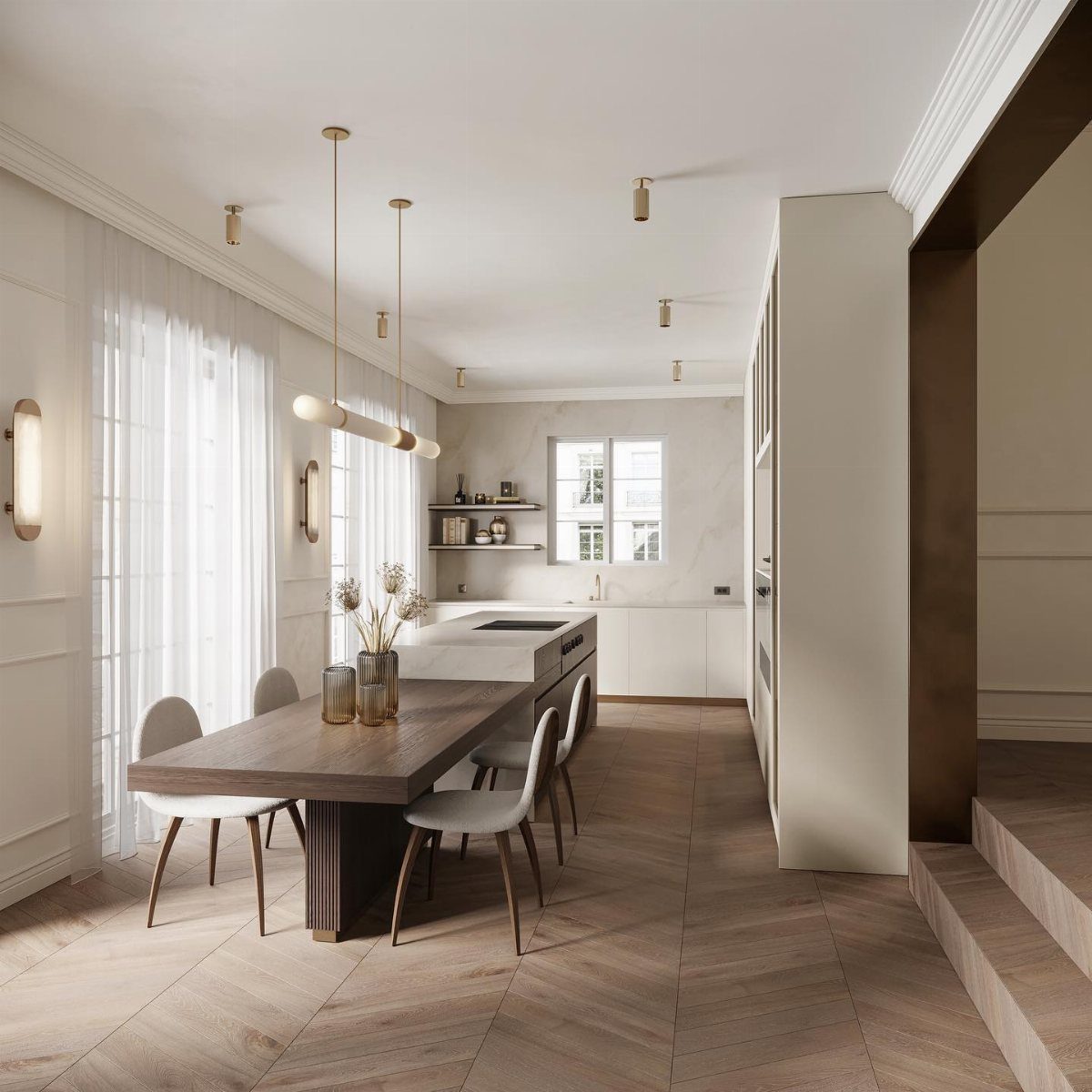 A wooden dining table integrated with a white marble kitchen island in a bright, modern room.