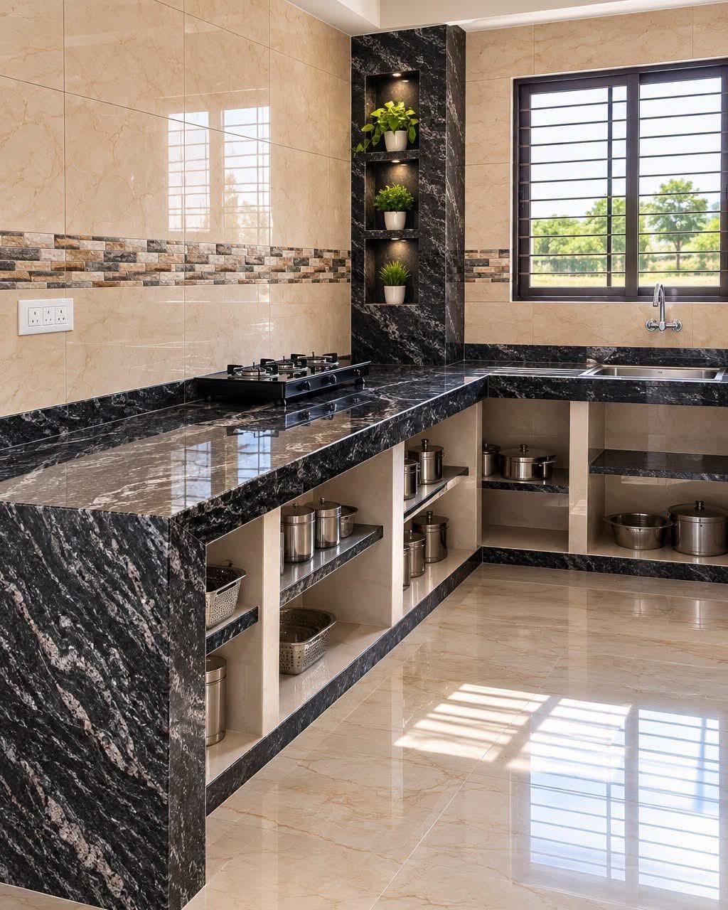 Black marble countertops and a matching pillar set against beige tiled walls with a mosaic accent strip.