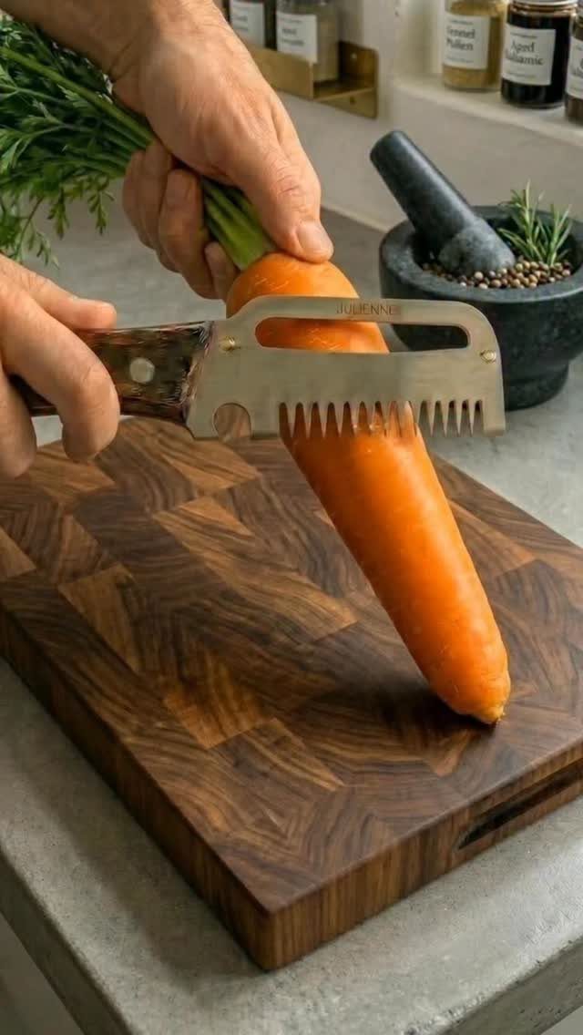 Hands slicing a fresh carrot on a dark wood cutting board using a metal mandoline.