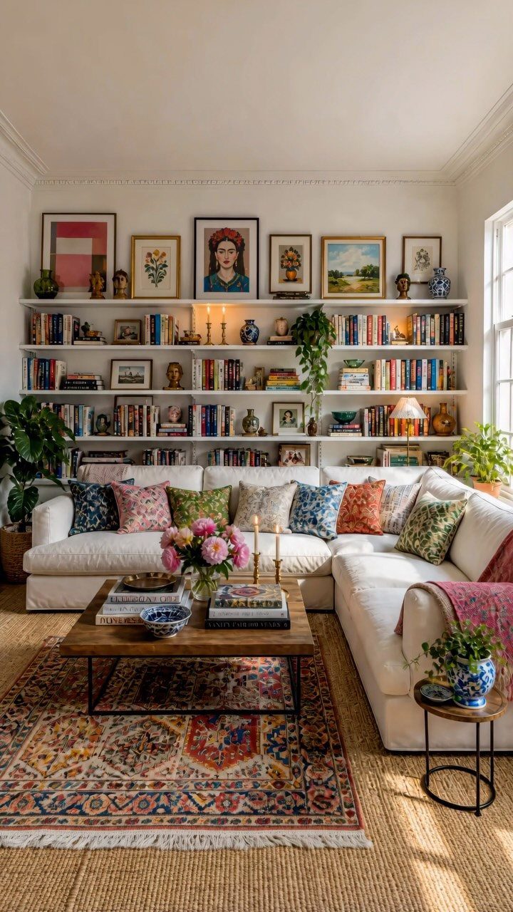 White sectional sofa with colorful pillows surrounding a wooden coffee table and bookshelves filled with books.
