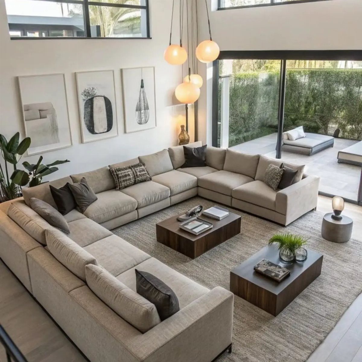 Large beige sectional sofa arranged around a wooden coffee table in a bright, modern living room.