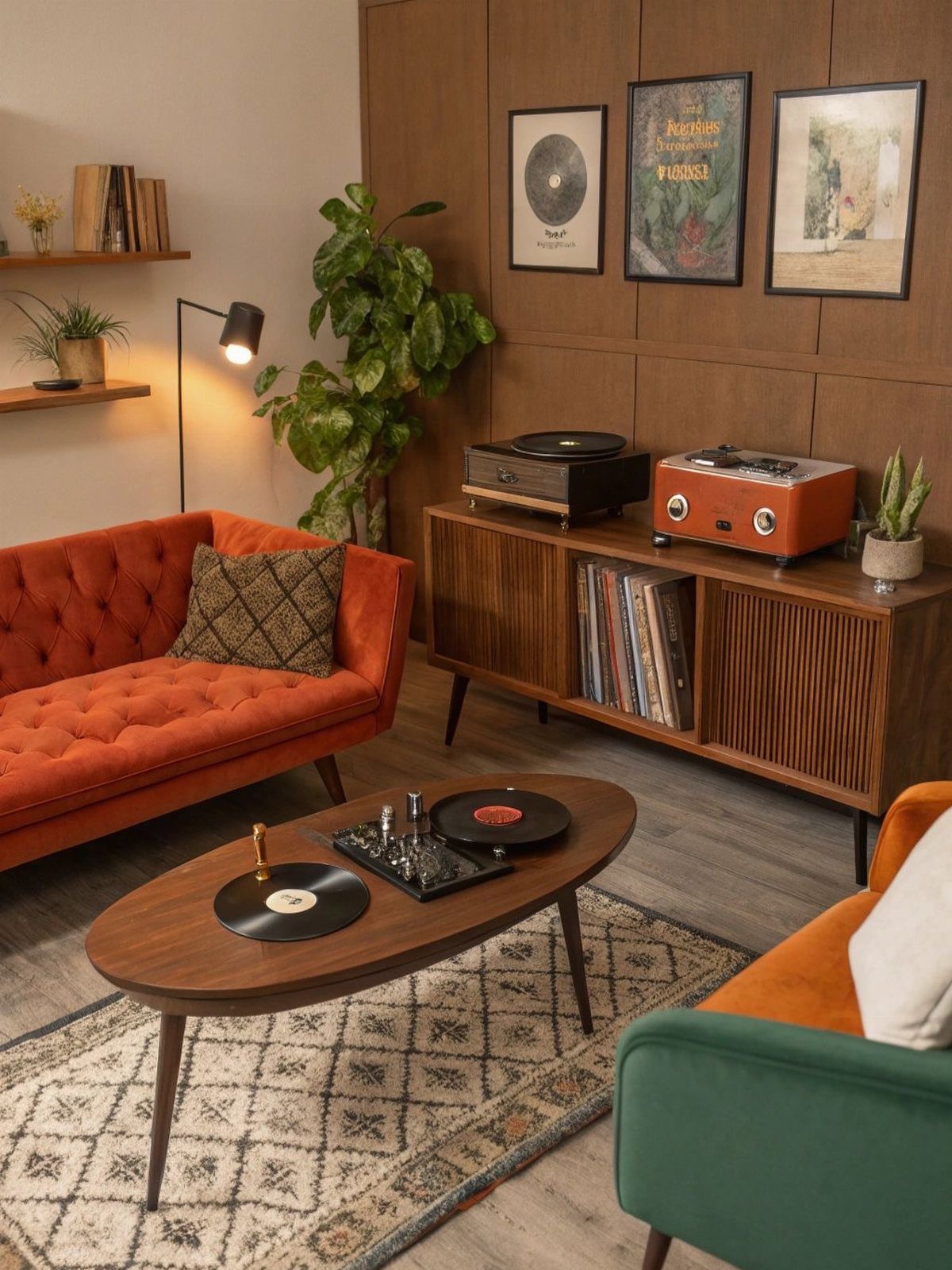 Mid-century modern living room with orange sofa, wooden furniture, and vinyl records on a coffee table.