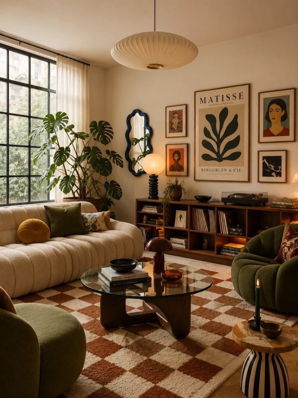Modern living room with green velvet chairs, a ribbed sofa, and framed art on the walls.