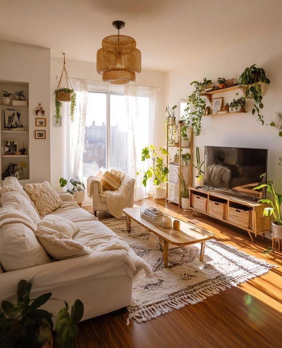 Sunlit living room with white sofa, wooden furniture, woven lamps, and many green indoor plants.